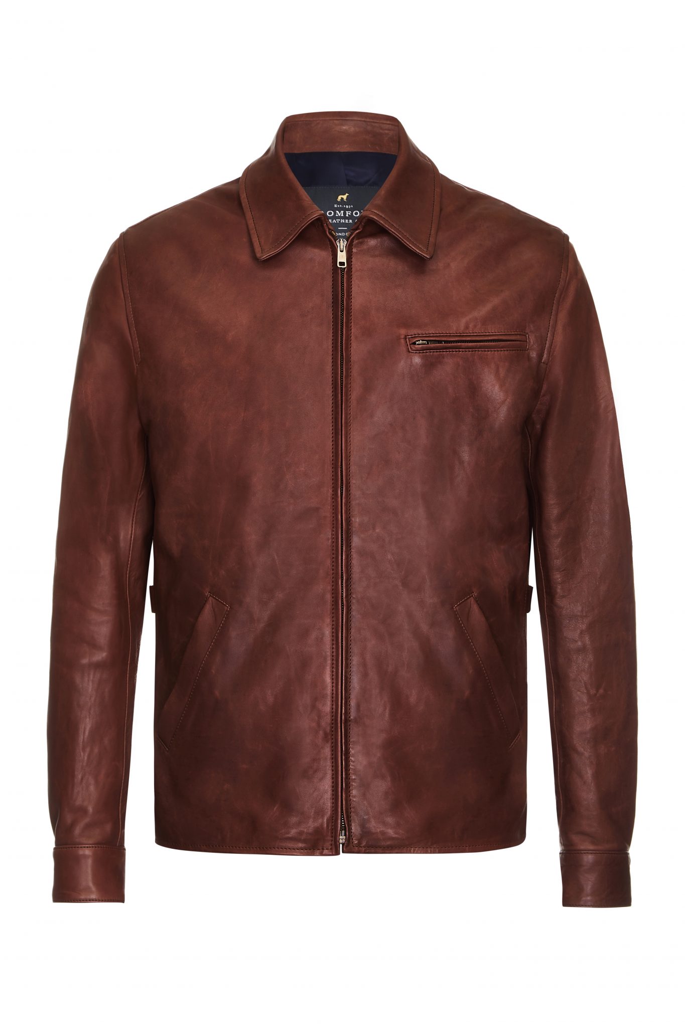 Cromford Leather's stylish goat leather jacket with racer back