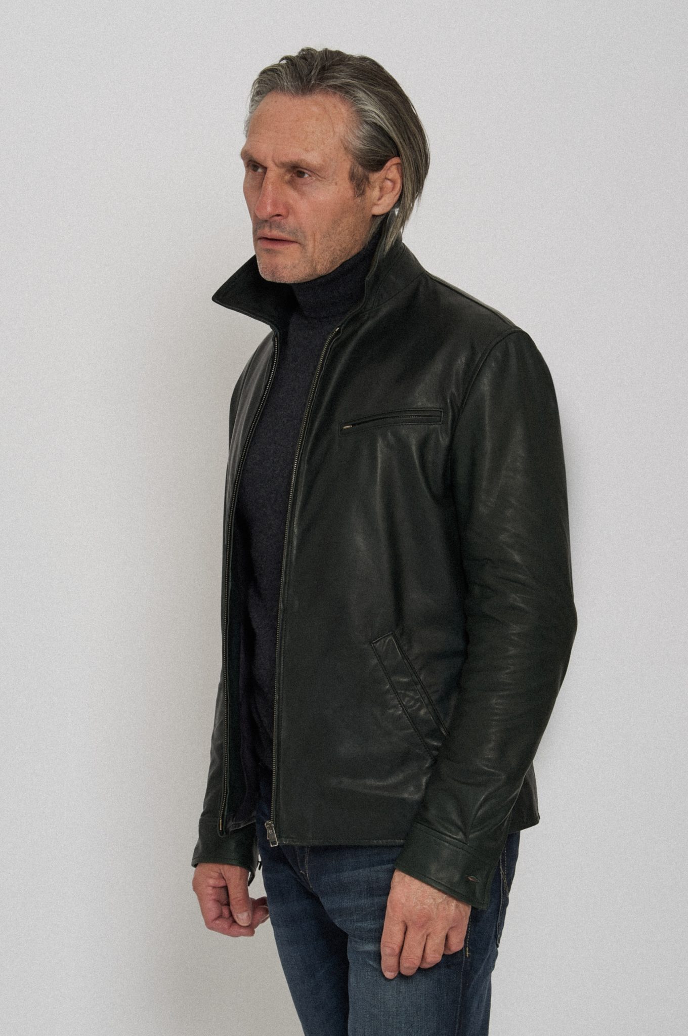 Cromford Leather's stylish goat leather jacket with racer back